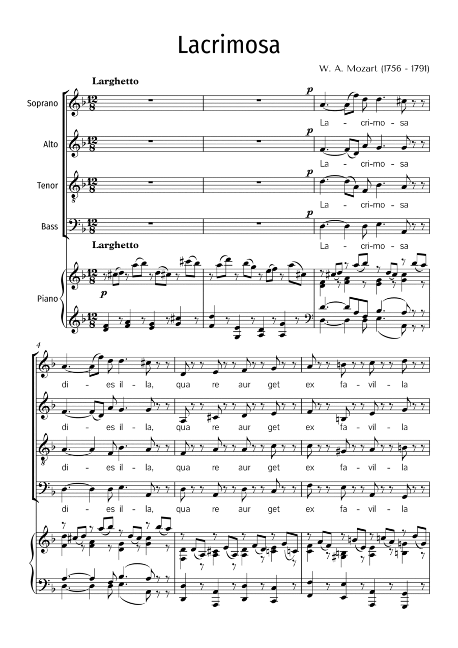 W. A. Mozart Lacrimosa for choir (STAB) and piano Accompaniment. PDF 4-Part scores gallery preview page 1