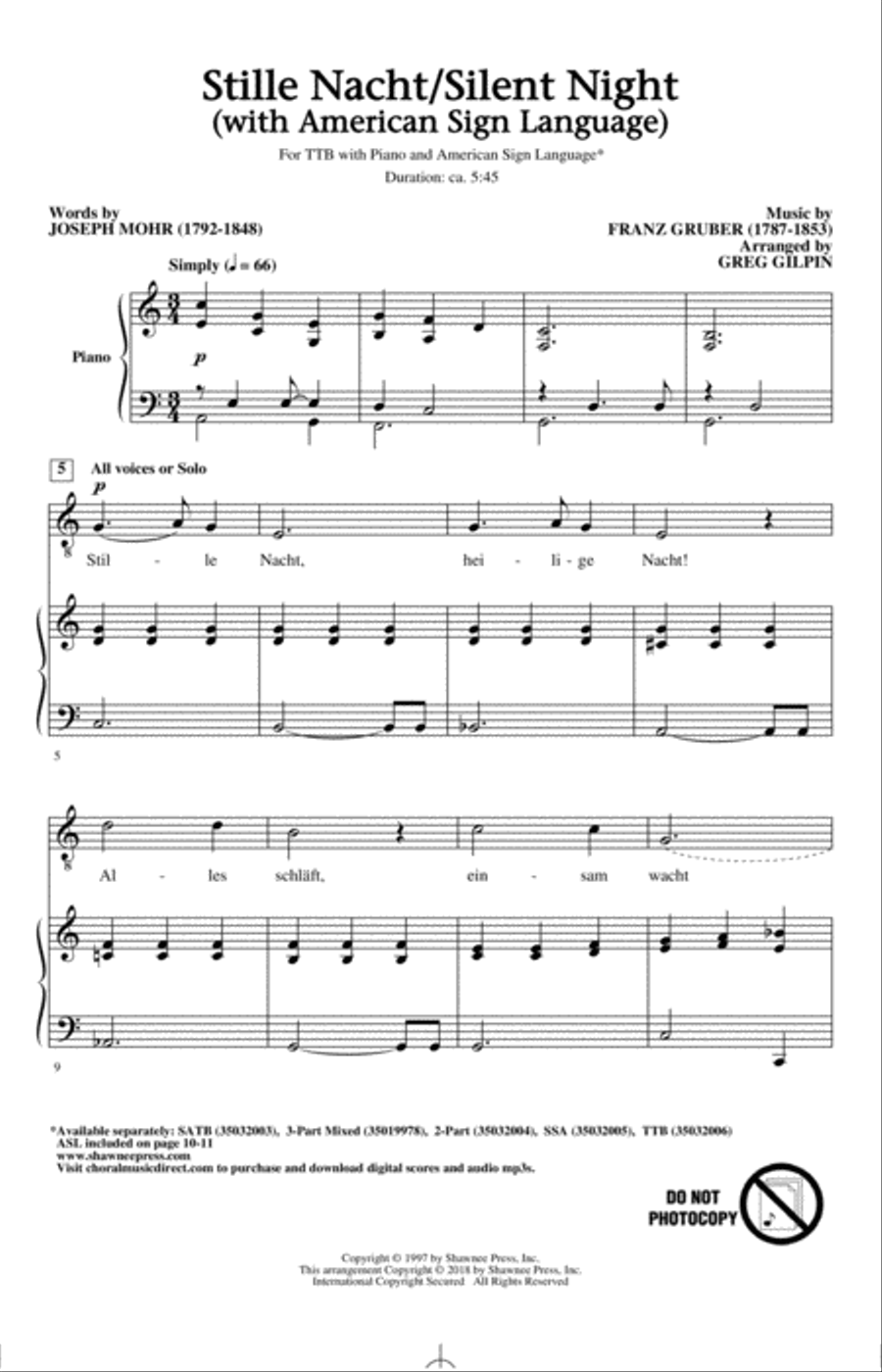 Stille Nacht/Silent Night (With American Sign Language) TTBB scores gallery preview page 1