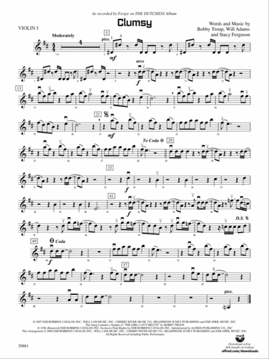 Clumsy (as recorded by Fergie on the album The Dutchess): 1st Violin String Orchestra scores gallery preview page 1