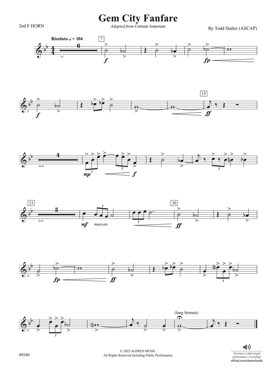 Gem City Fanfare: 2nd F Horn Concert Band scores gallery preview page 1
