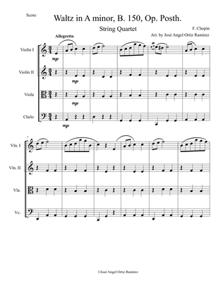 Waltz in A minor, B 150, Op Posth for String Quartet