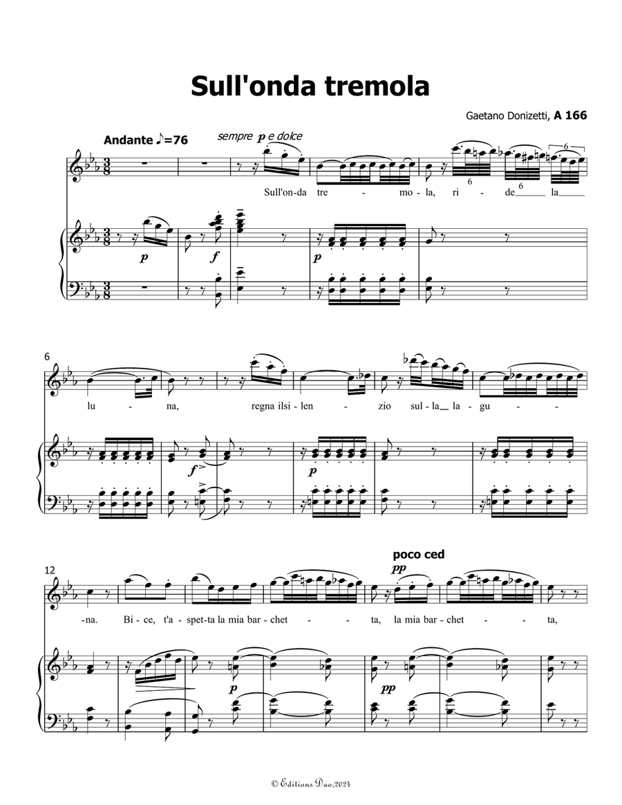 Sull'onda tremola, by Donizetti, in E flat Major Piano, Vocal scores gallery preview page 3