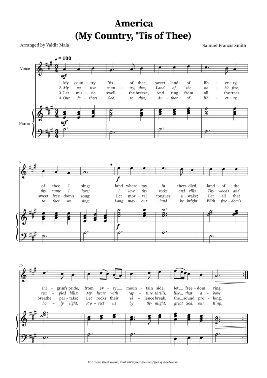 America (My Country, 'Tis of Thee) - Voice and Piano in A Voice Solo scores gallery preview page 1
