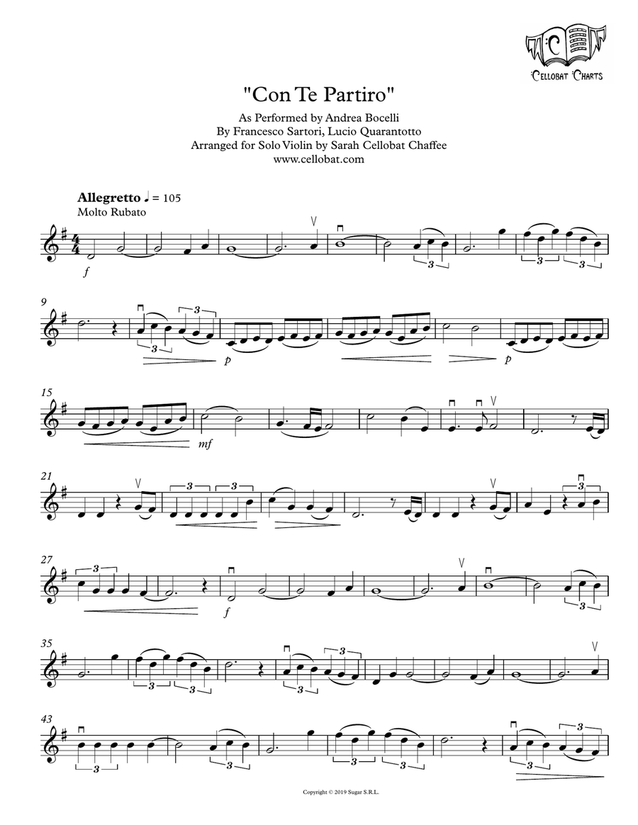 Con Te Partiro (time To Say Goodbye) Violin Solo scores gallery preview page 1
