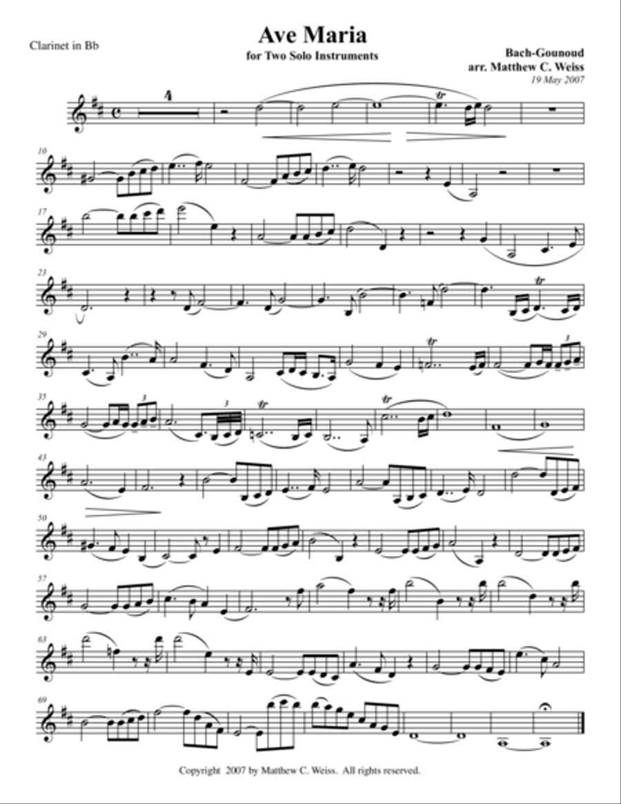 Ave Maria for Two Solo Instruments - Clarinet in Bb Woodwind Duet scores gallery preview page 1