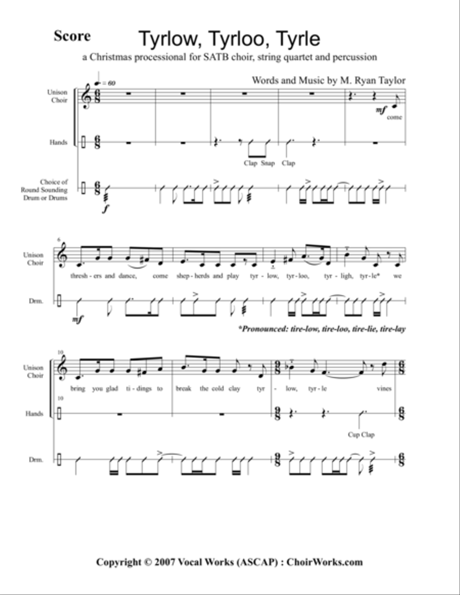 Tyrlow, Tyrloo, Tyrle : A Shepherd's Christmas Carol : SATB Choir, String Quartet and Hand Percussio 4-Part scores gallery preview page 1
