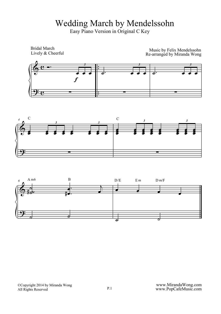 Wedding March by Mendelssohn - Easy Piano Version (With Chords) Organ Accompaniment scores gallery preview page 1