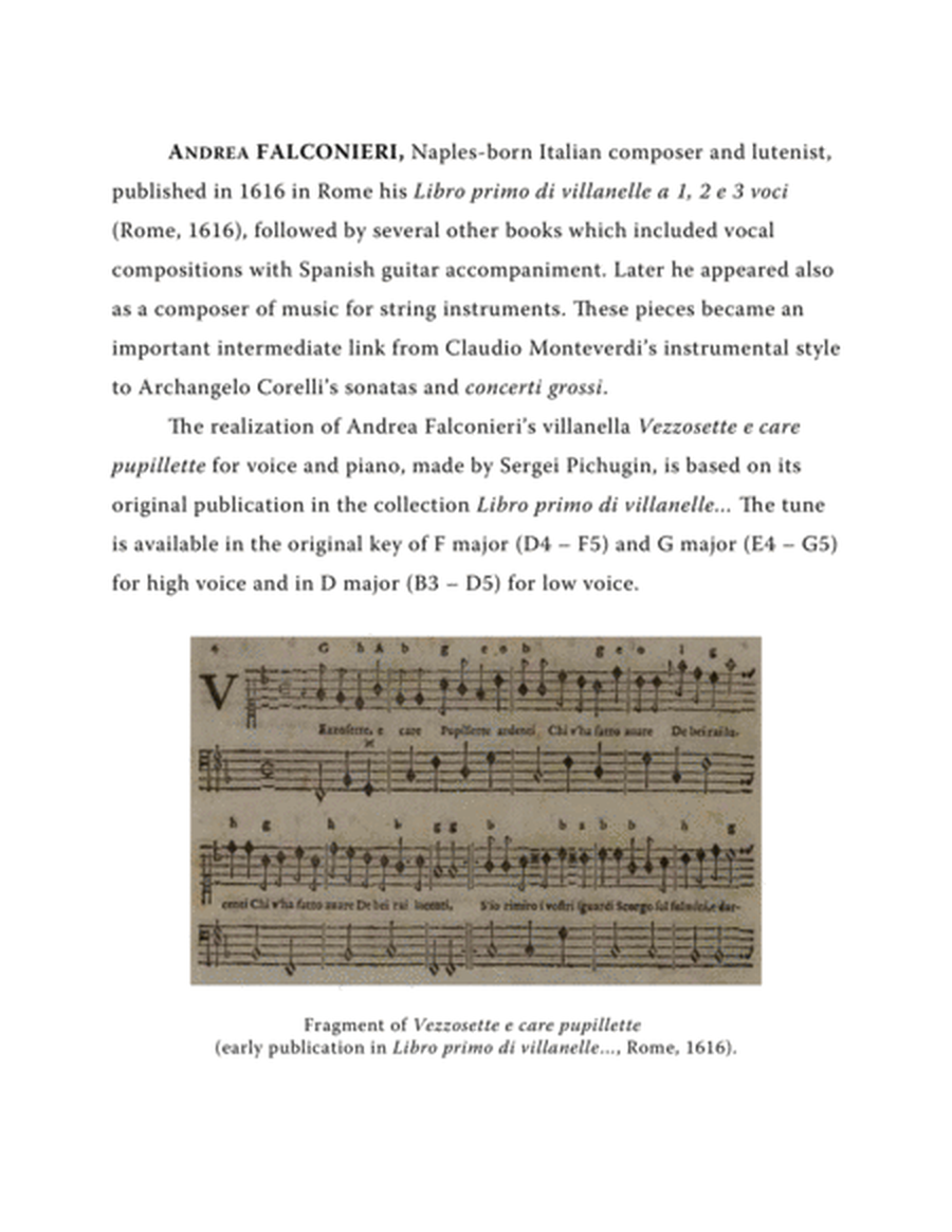 FALCONIERI Andrea: Vezzosette e care pupillette, villanella, arranged for Voice and Piano (D major) image number null
