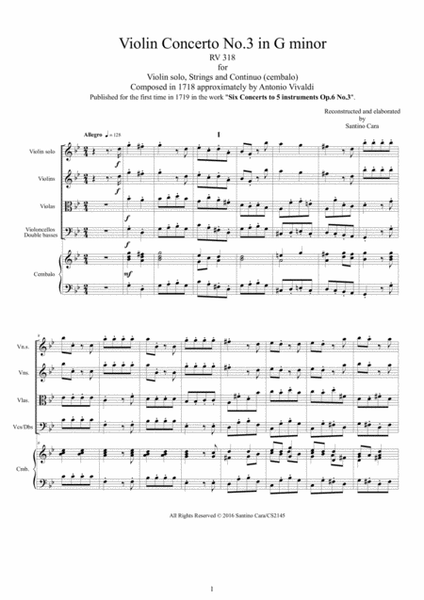 Vivaldi - Violin Concerto No.3 in G minor RV 318 Op.6 for Violin solo, Strings and Continuo image number null