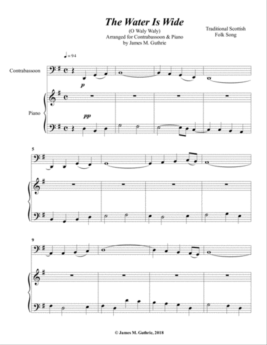 The Water is Wide for Contrabassoon & Piano Bassoon Solo scores gallery preview page 1