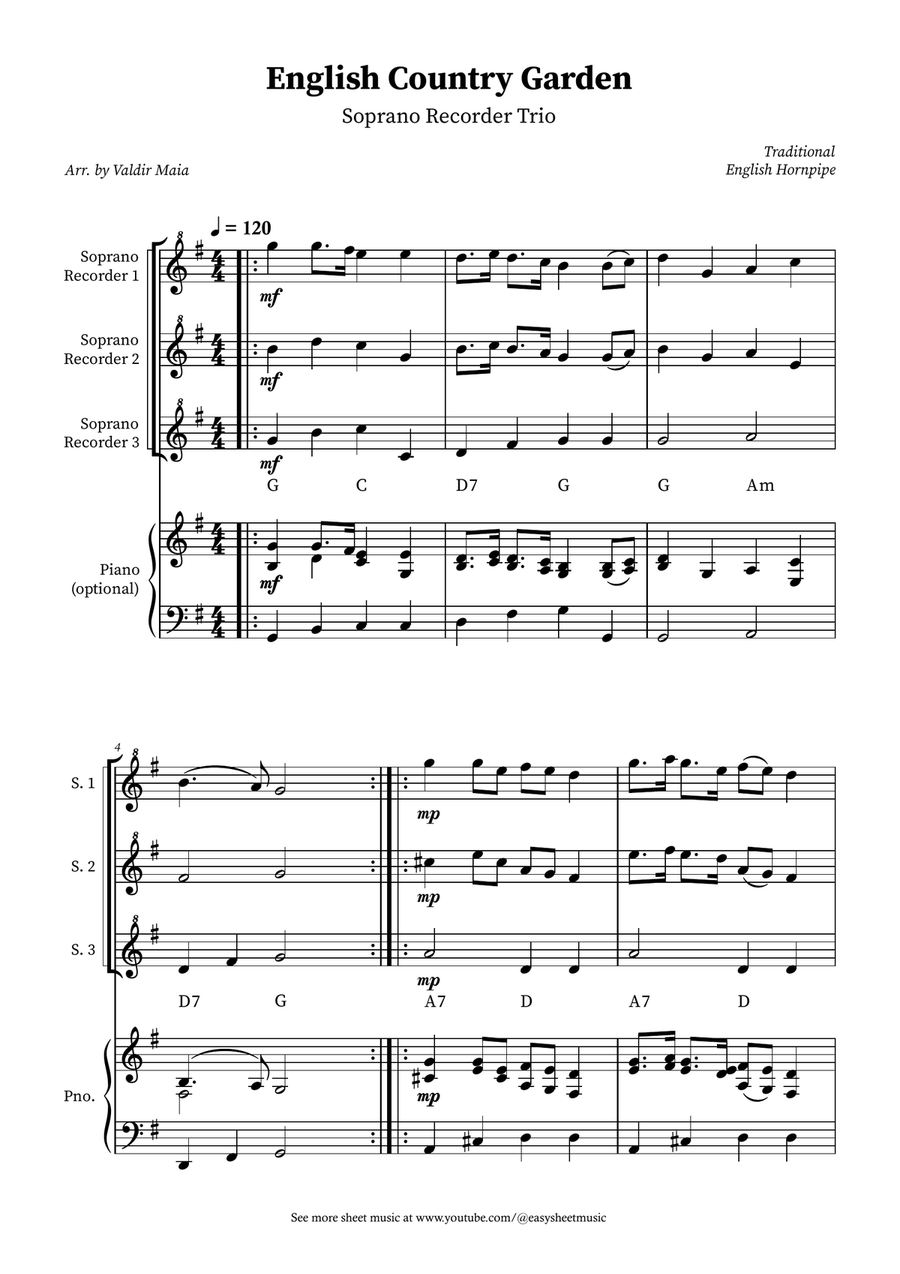 English Country Garden – Soprano Recorder Trio Sheet Music (with Optional Piano) Soprano Recorder scores gallery preview page 1