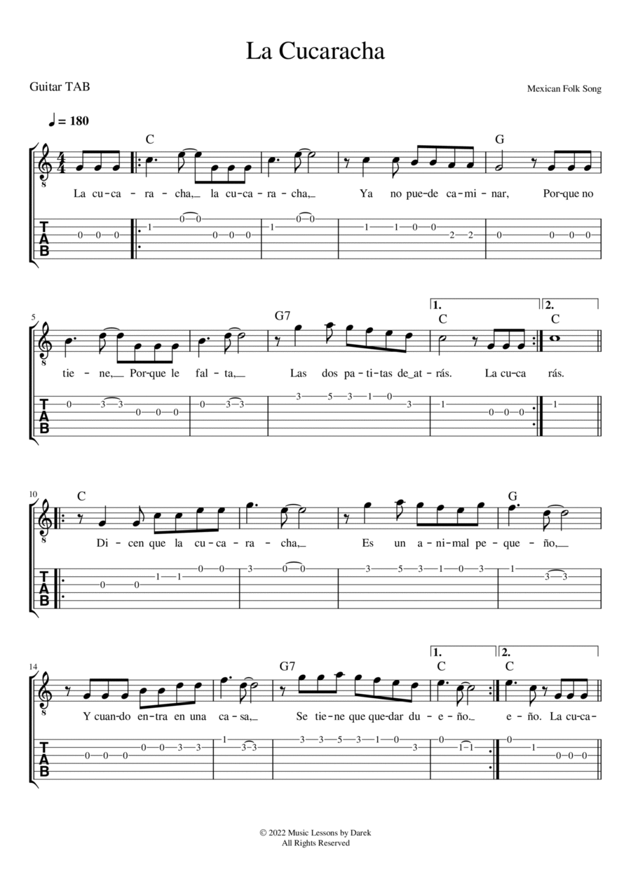La Cucaracha (GUITAR TAB) [Mexican Folk Song] Acoustic Guitar scores gallery preview page 1
