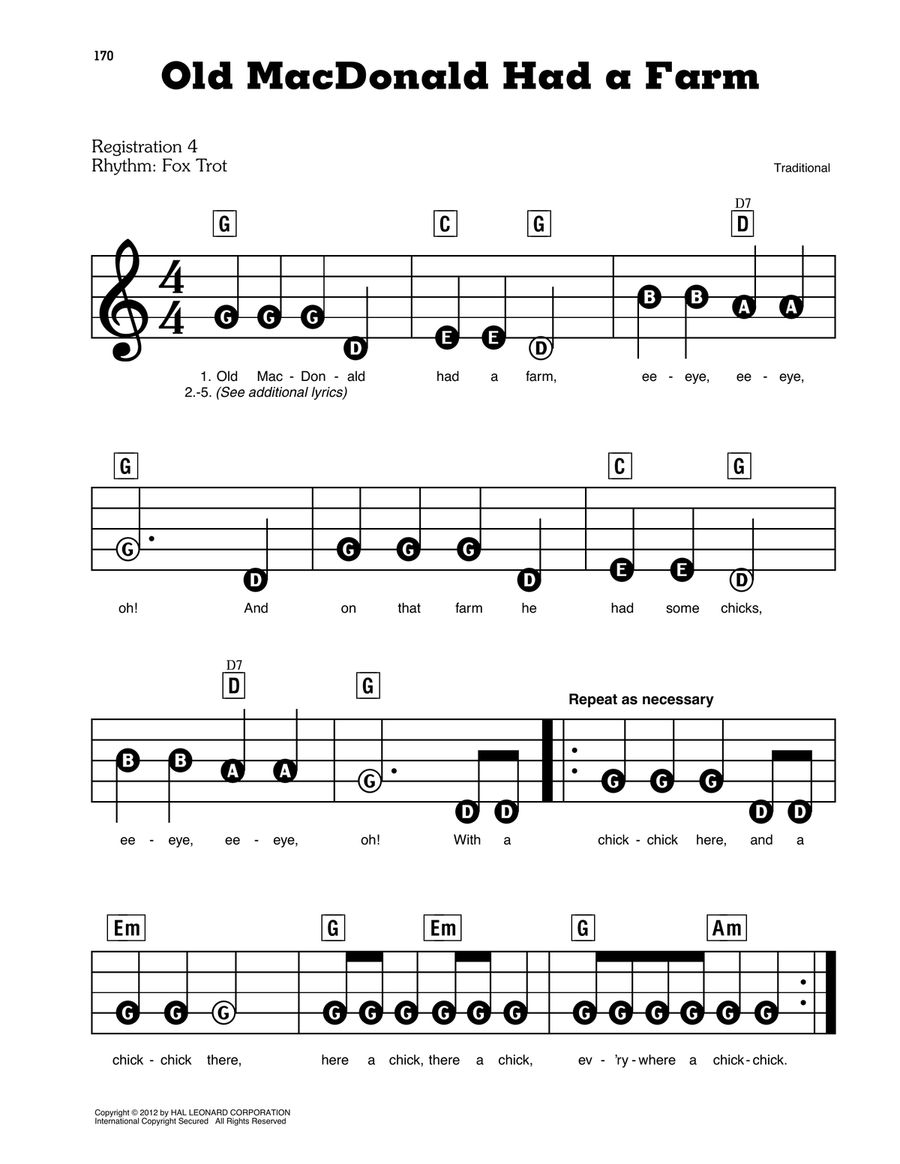 Old Macdonald Had A Farm Electronic Keyboard scores gallery preview page 1