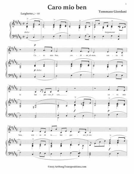 GIORDANI: Caro mio ben (transposed to C major, B major, and B-flat major)