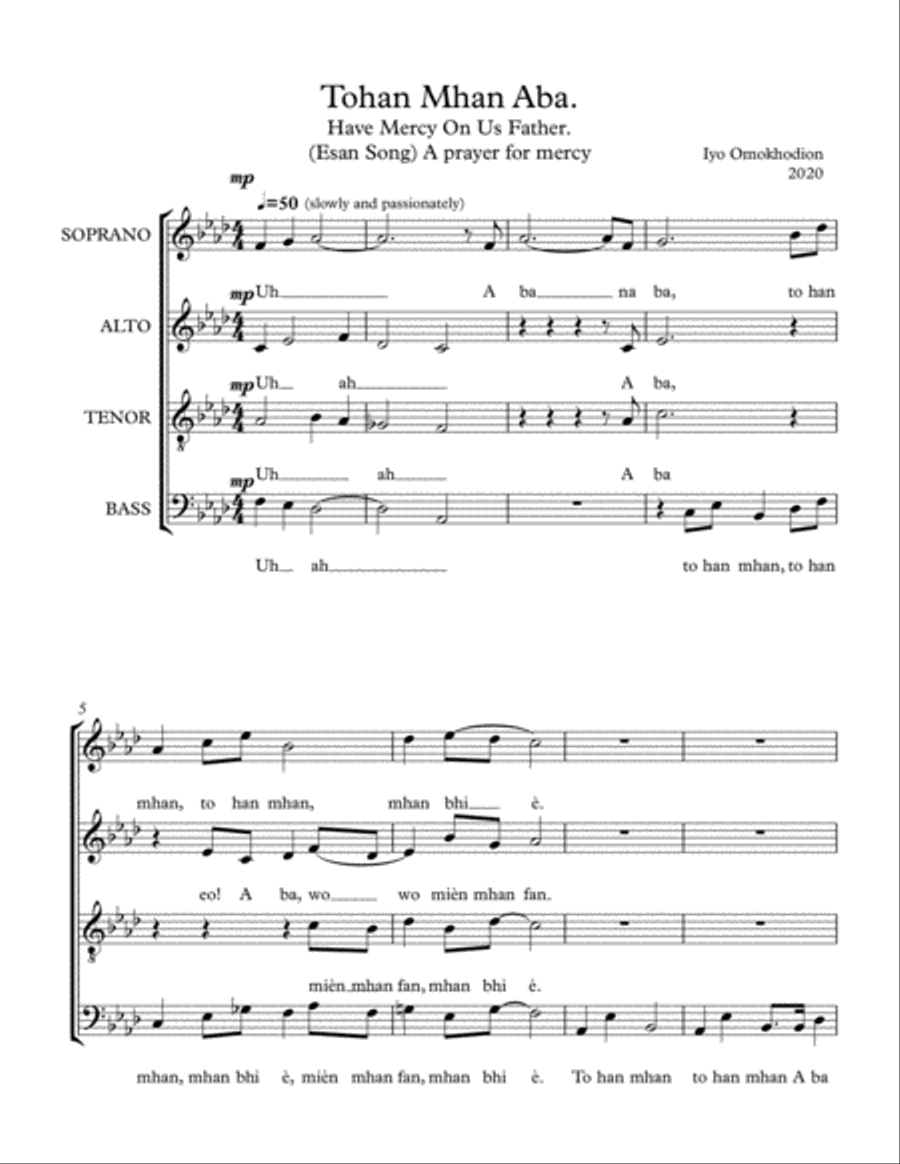Tohan Mhan Aba. (Esan song) A Prayer to God, for Mercy on the whole World. 4-Part scores gallery preview page 2