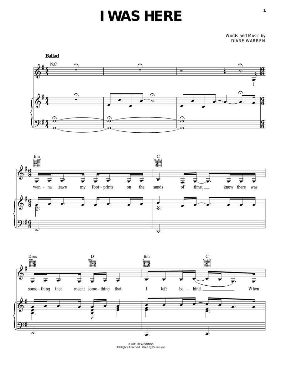 I Was Here Piano, Vocal, Guitar scores gallery preview page 1
