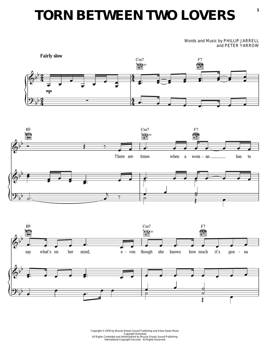 Torn Between Two Lovers Piano, Vocal, Guitar scores gallery preview page 1