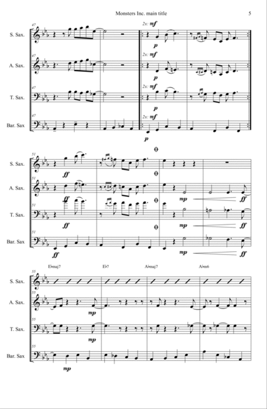 Monsters Inc. Saxophone Quartet scores gallery preview page 5