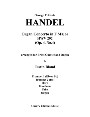 Book cover for Organ Concerto in F Major, Op. 4 No. 4 for Brass Quintet and Organ