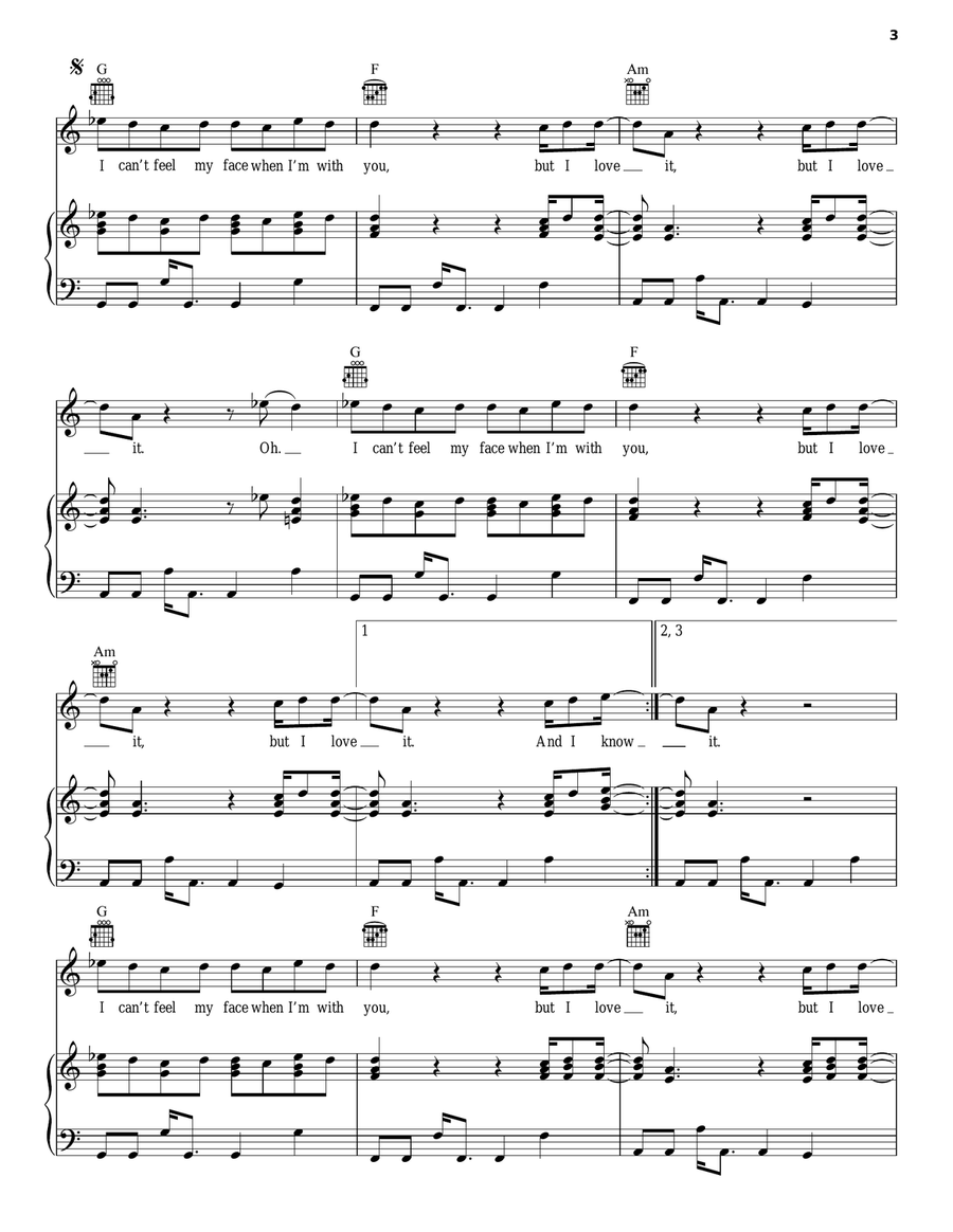 Can't Feel My Face Piano, Vocal, Guitar scores gallery preview page 3