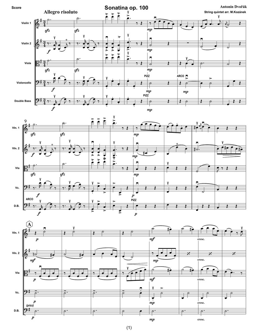 Antonín Dvořák Sonatina op.100 1st movement, arr. for String quintet String Orchestra scores gallery preview page 2