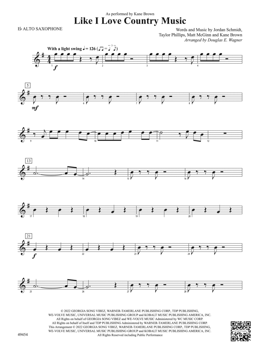 Like I Love Country Music: E-flat Alto Saxophone Concert Band scores gallery preview page 1