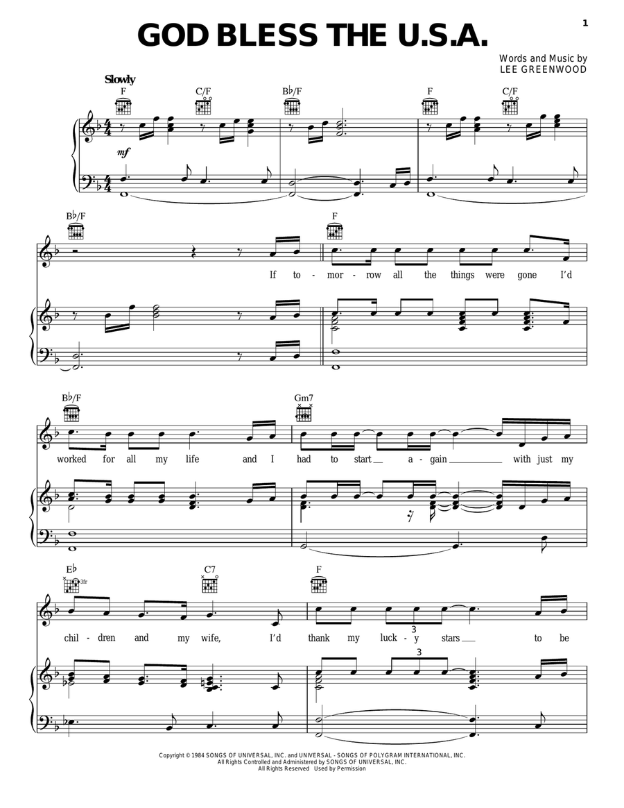God Bless The U.S.A. Piano, Vocal, Guitar scores gallery preview page 1
