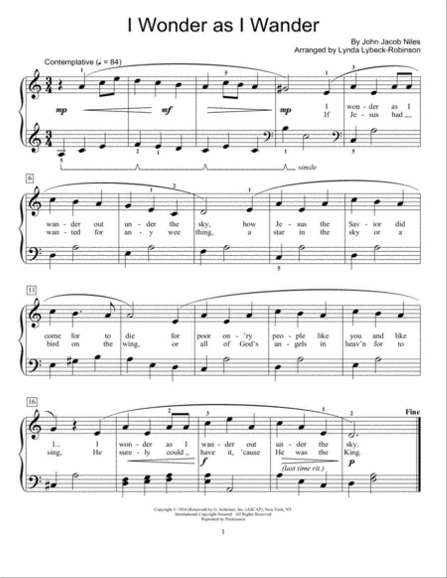 I Wonder As I Wander (arr. Lynda Lybeck-Robinson) Piano scores gallery preview page 1