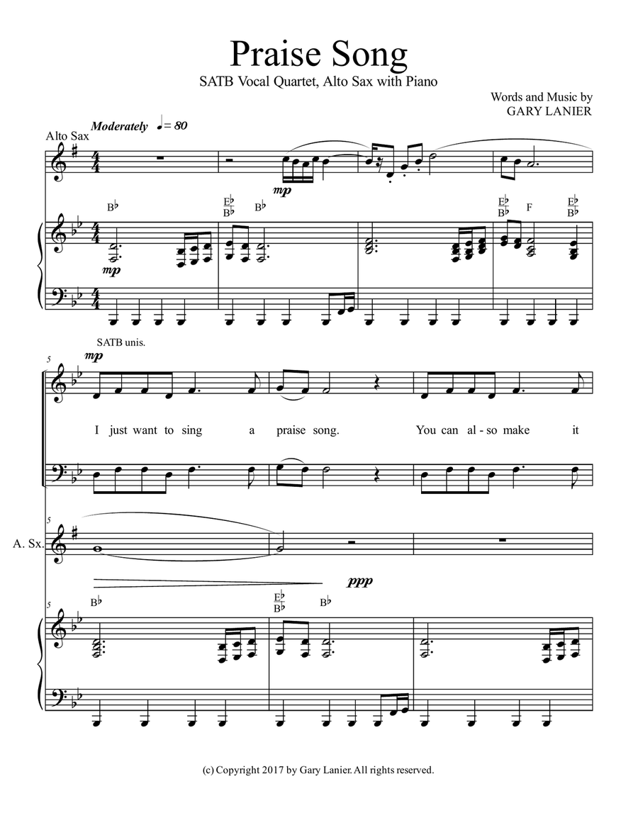 PRAISE SONG (SATB Vocal Quartet with Alto Sax & Piano) Choir scores gallery preview page 2