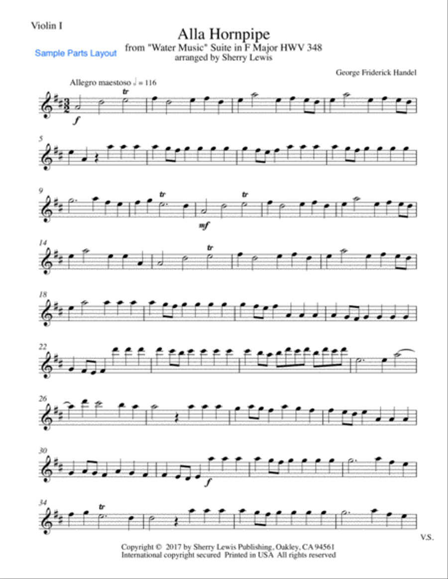 HORNPIPE from Water Music, String Trio, Intermediate Level for 2 violins and cello or violin, viola String Trio scores gallery preview page 5