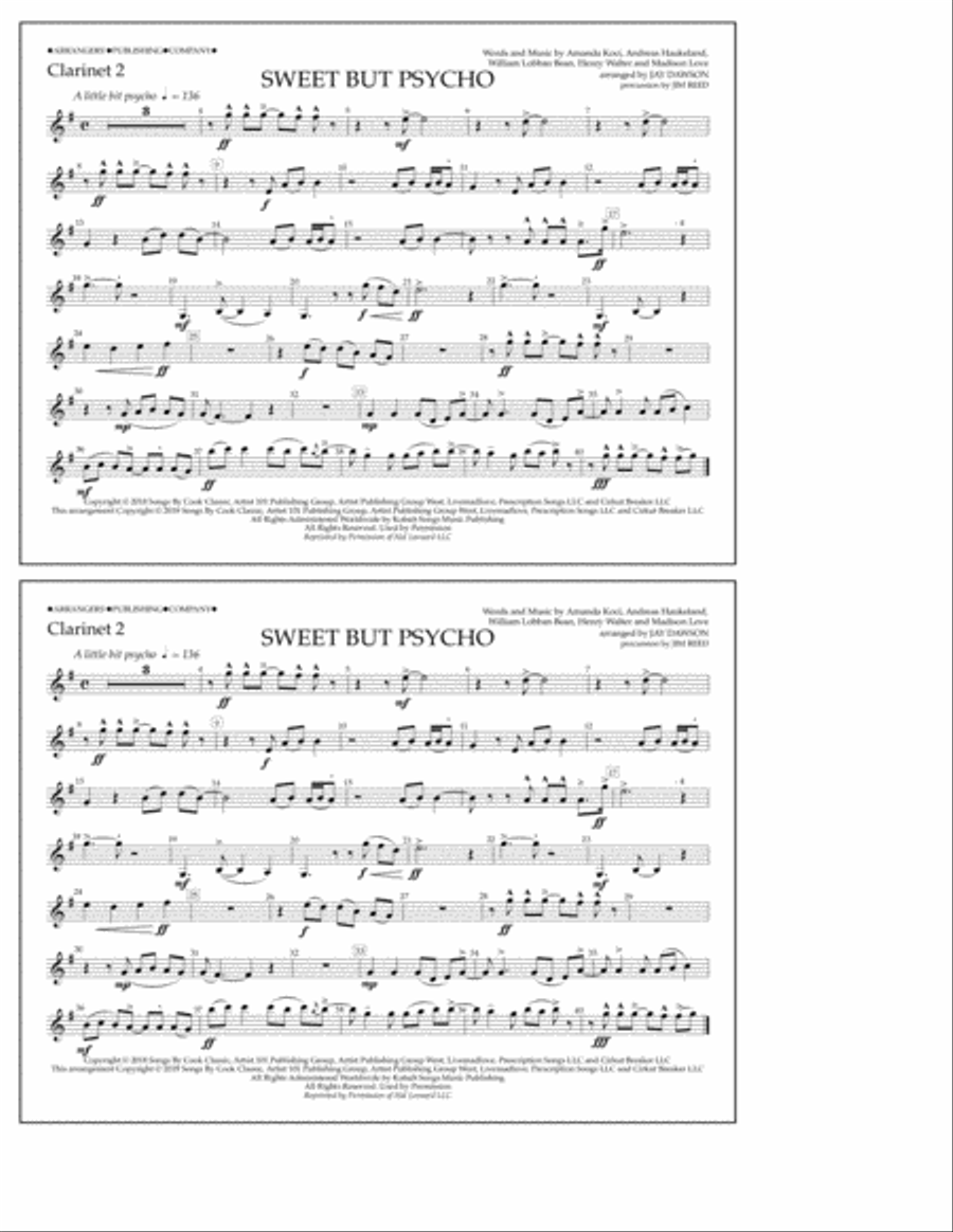 Sweet But Psycho (arr. Jay Dawson) - Clarinet 2 Marching Band scores gallery preview page 1