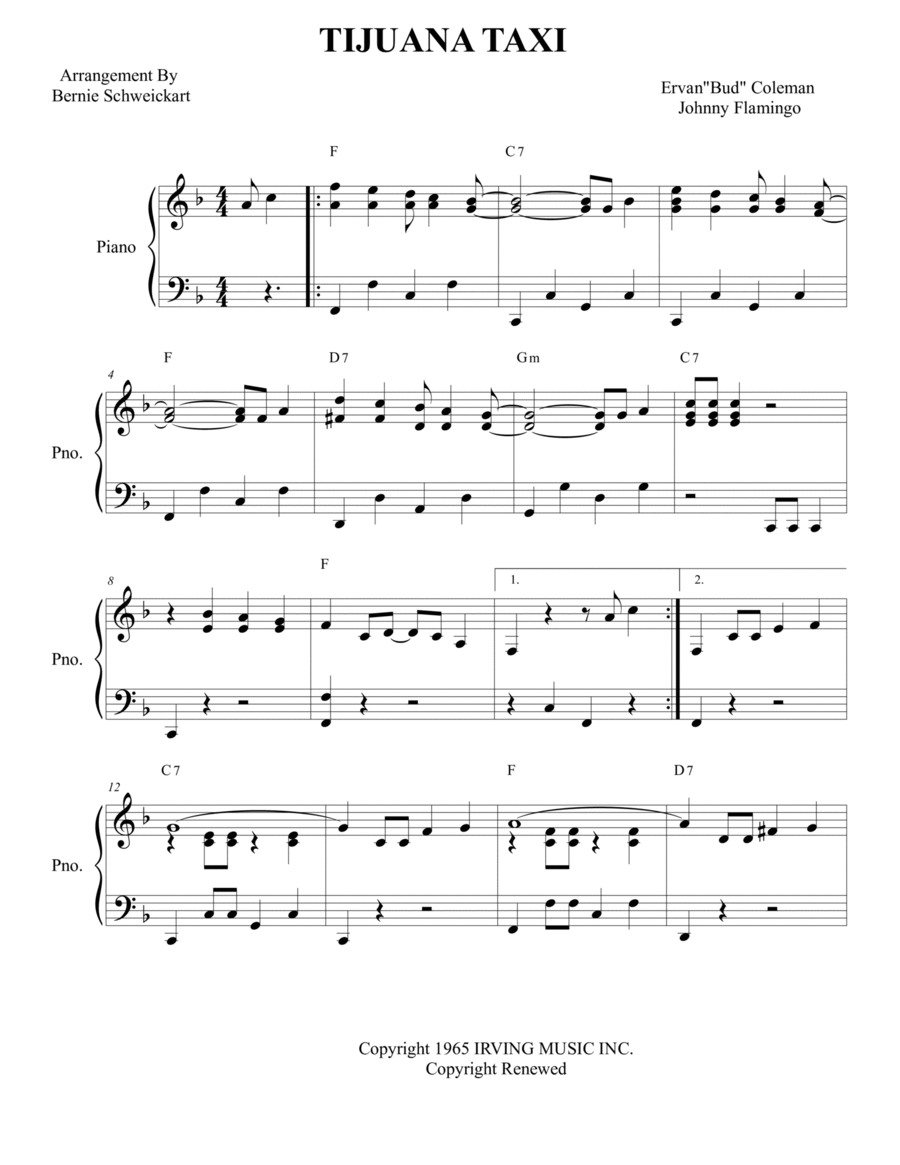 Tijuana Taxi Piano Solo scores gallery preview page 1