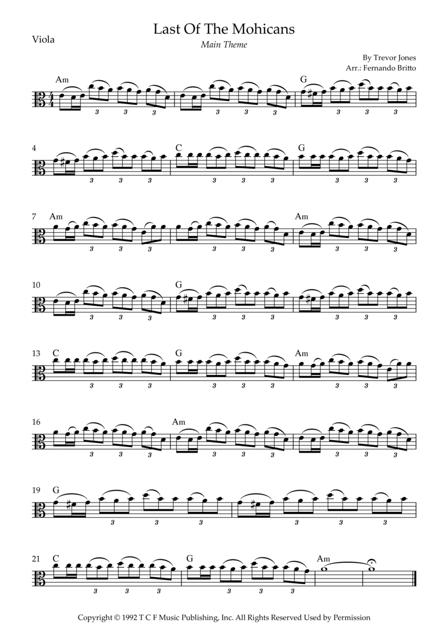 Last Of The Mohicans (main Theme) Viola Solo scores gallery preview page 1