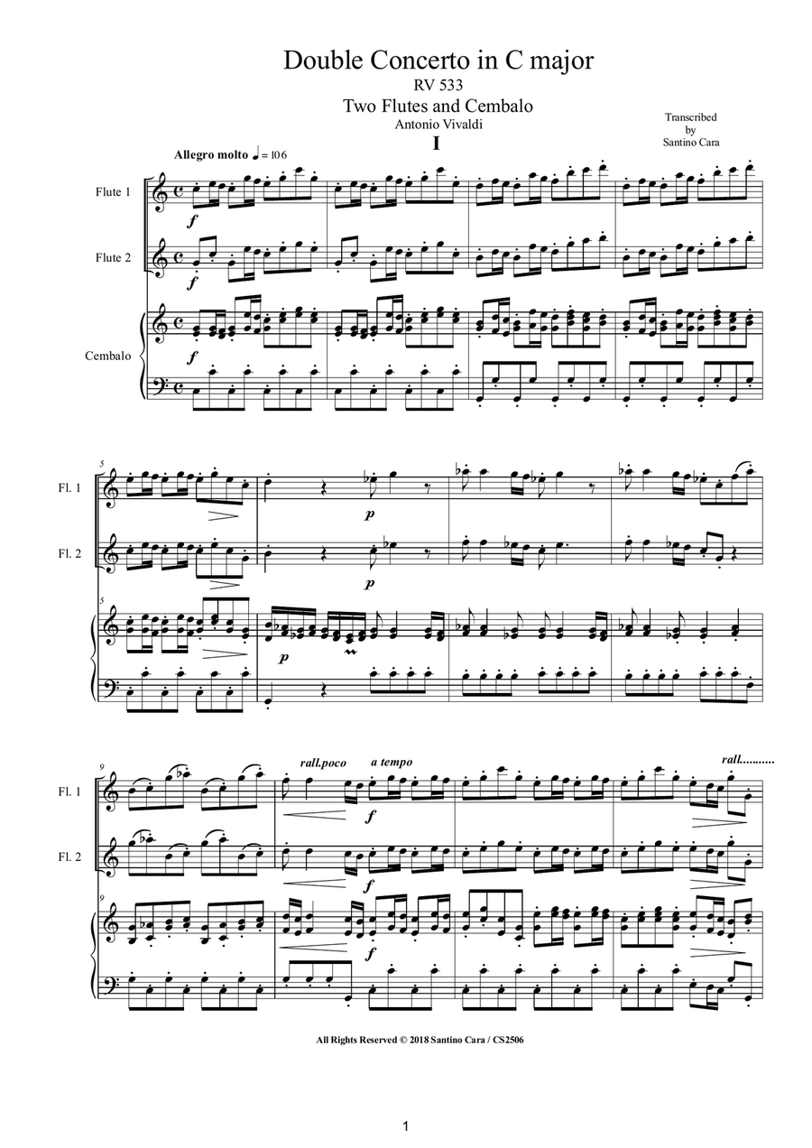 Vivaldi - Double Concerto in C major RV 533 for Two Flutes and Cembalo (or Piano) Flute Duet scores gallery preview page 1