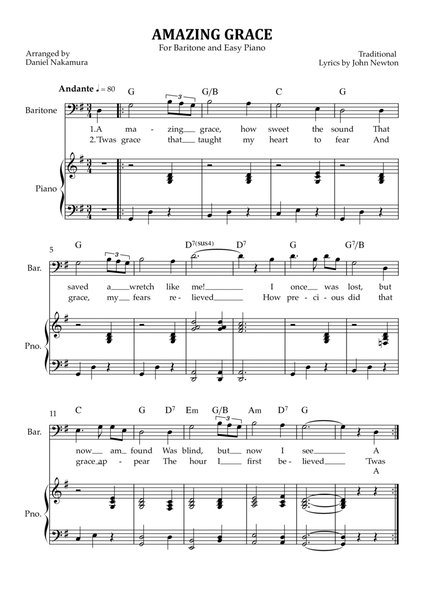Amazing Grace (For Baritone Vocal with Easy Piano) image number null