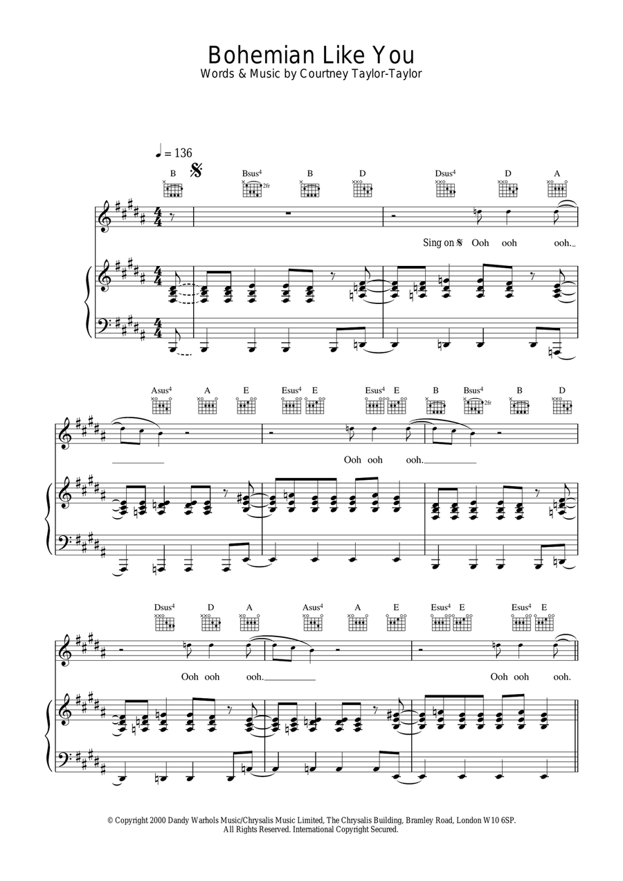 Bohemian Like You Piano, Vocal, Guitar scores gallery preview page 1