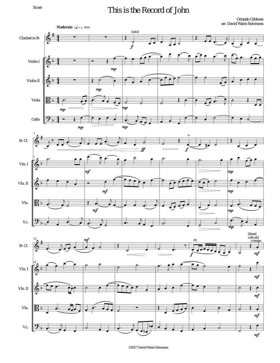 This is the record of John for clarinet and string quartet Chamber Orchestra scores gallery preview page 1