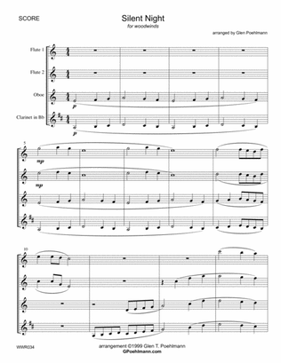 SILENT NIGHT - unaccompanied WOODWIND QUARTET (2 Flutes, Oboe & Clarinet)