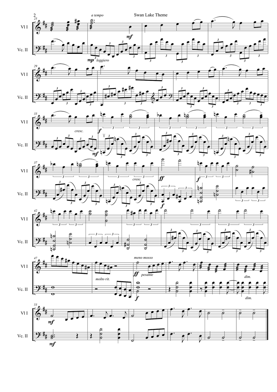 Swan Lake Theme, for violin and cello String Duet scores gallery preview page 3
