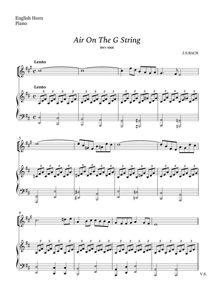 Bach - Air on The G String for English Horn and Piano (Easy Arrangement) Woodwind Ensemble scores gallery preview page 1