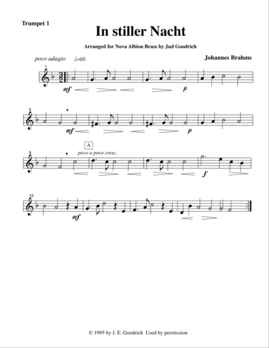 "In stiller Nacht" for brass quintet, score and parts