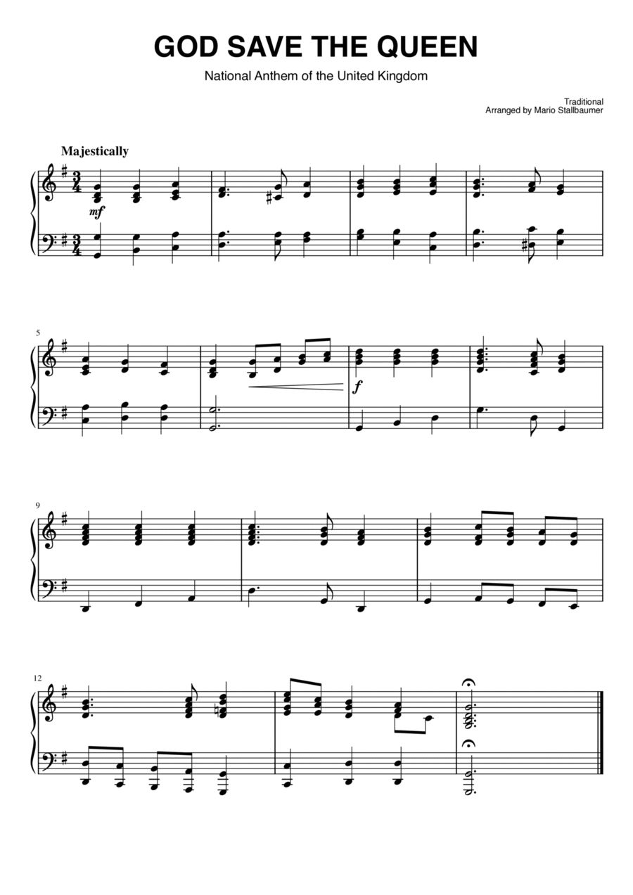 God Save the Queen (UK National Anthem) Piano Solo scores gallery preview page 1
