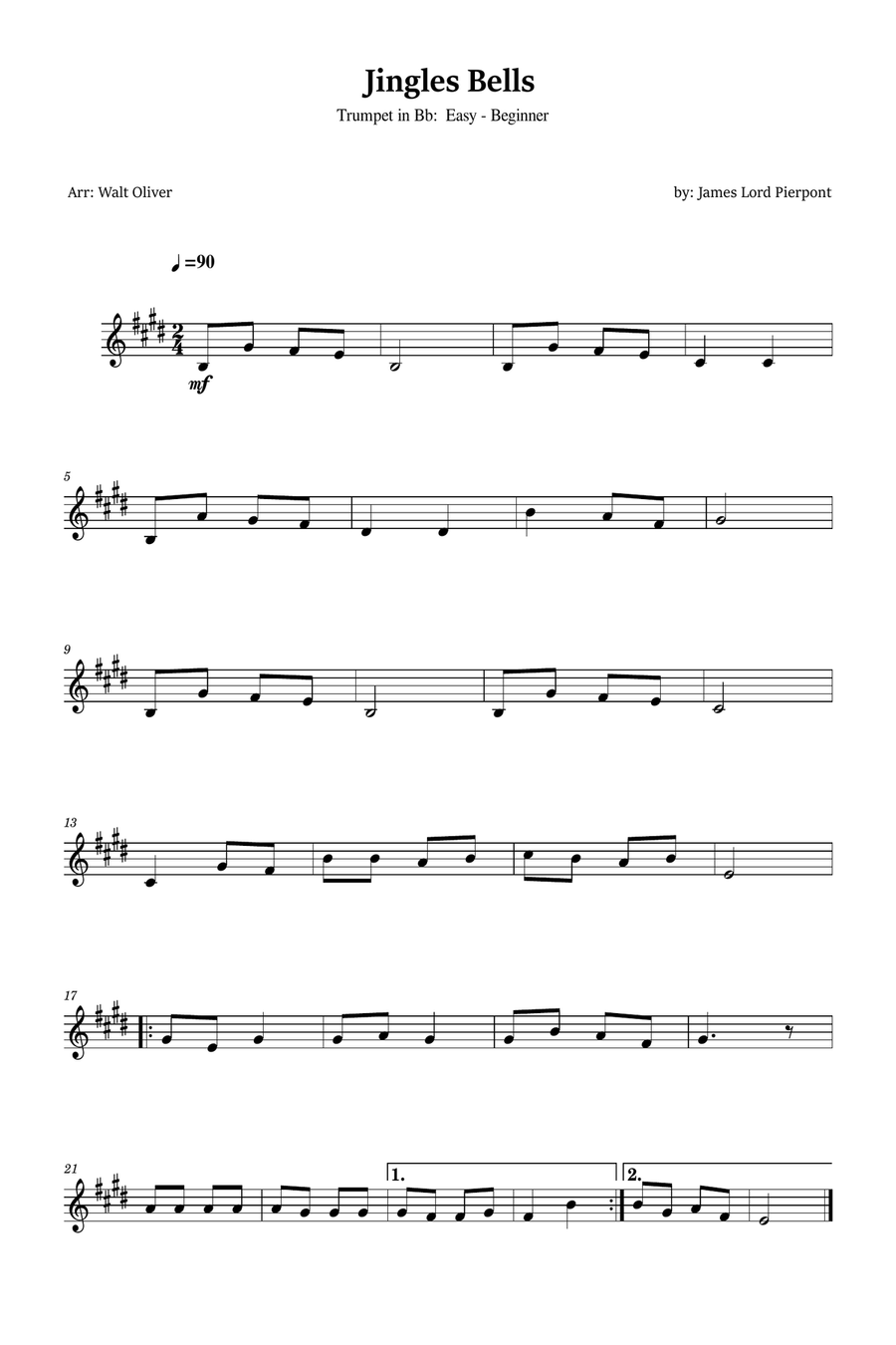 Jingle Bells for Trumpet Solo (Easy - Beginner) B-Flat Trumpet scores gallery preview page 1