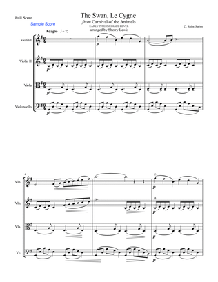 The Swan, LE CYGNE - String Quartet, Early Intermediate Level for 2 violins, viola and cello