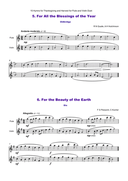 15 Favourite Hymns for Thanksgiving and Harvest for Flute and Violin Duet