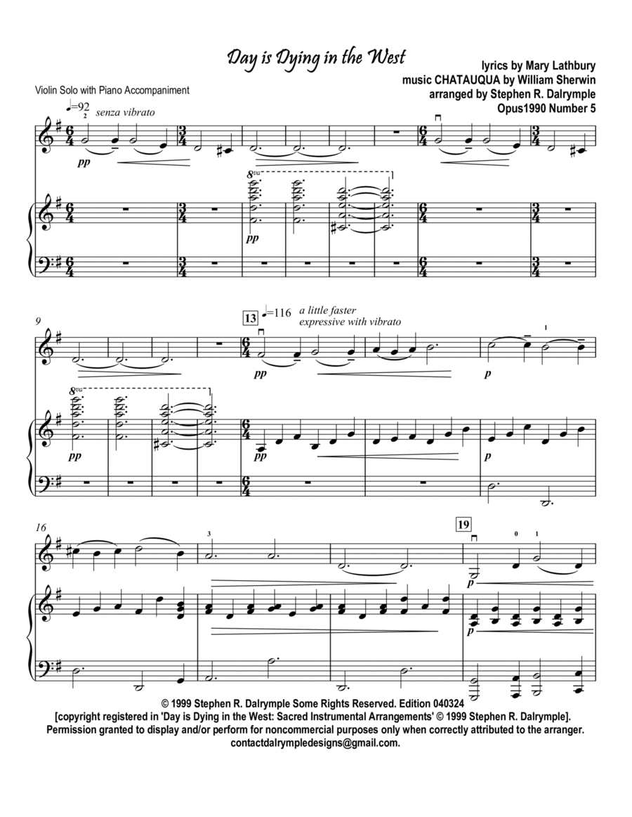 Day is Dying in the West - arranged for violin solo with piano by Stephen R Dalrymple Violin Solo scores gallery preview page 1