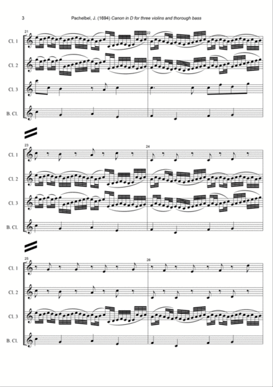 J. Pachelbel - Canon in D-dur, arr. for Clarinet Quartet Clarinet Quartet scores gallery preview page 3