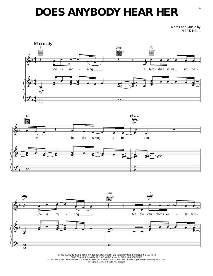Does Anybody Hear Her Piano, Vocal, Guitar scores gallery preview page 1