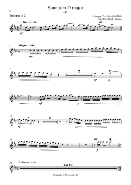 Torelli G7 Sonata in D major. Solo trumpet parts.
