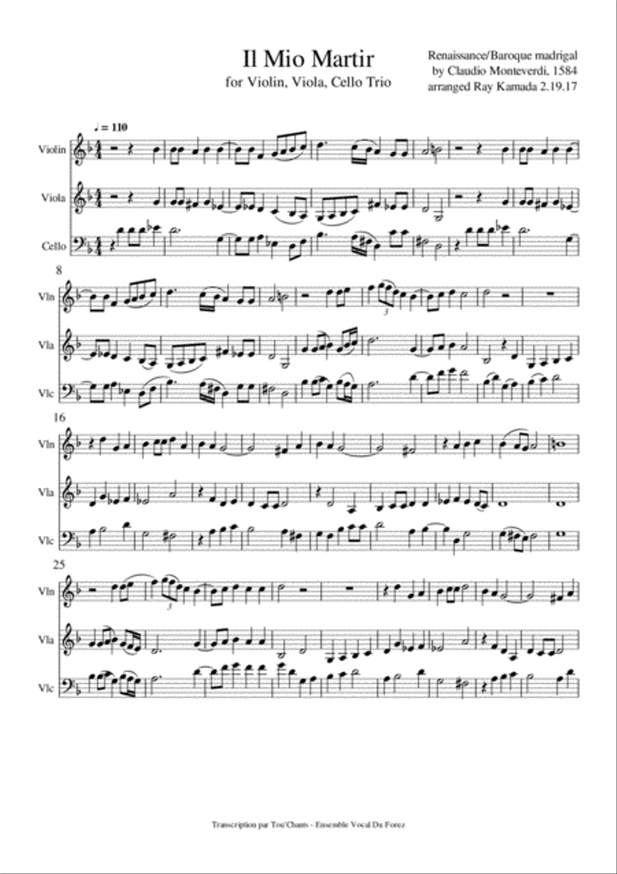 Il Mio Martir, by Claudio Monteverdi String Trio scores gallery preview page 1